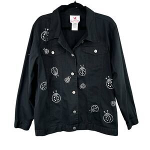Vintage 90s Quacker Factory Black Denim Ladybug Rhinestone Bling Jacket L